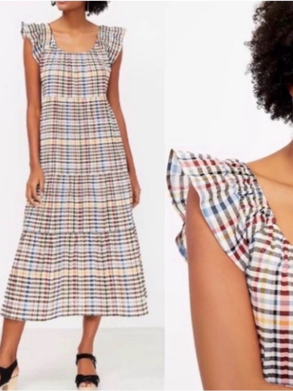LOFT Multicolored Plaid Maxi Dress with Ruffle Sleeves